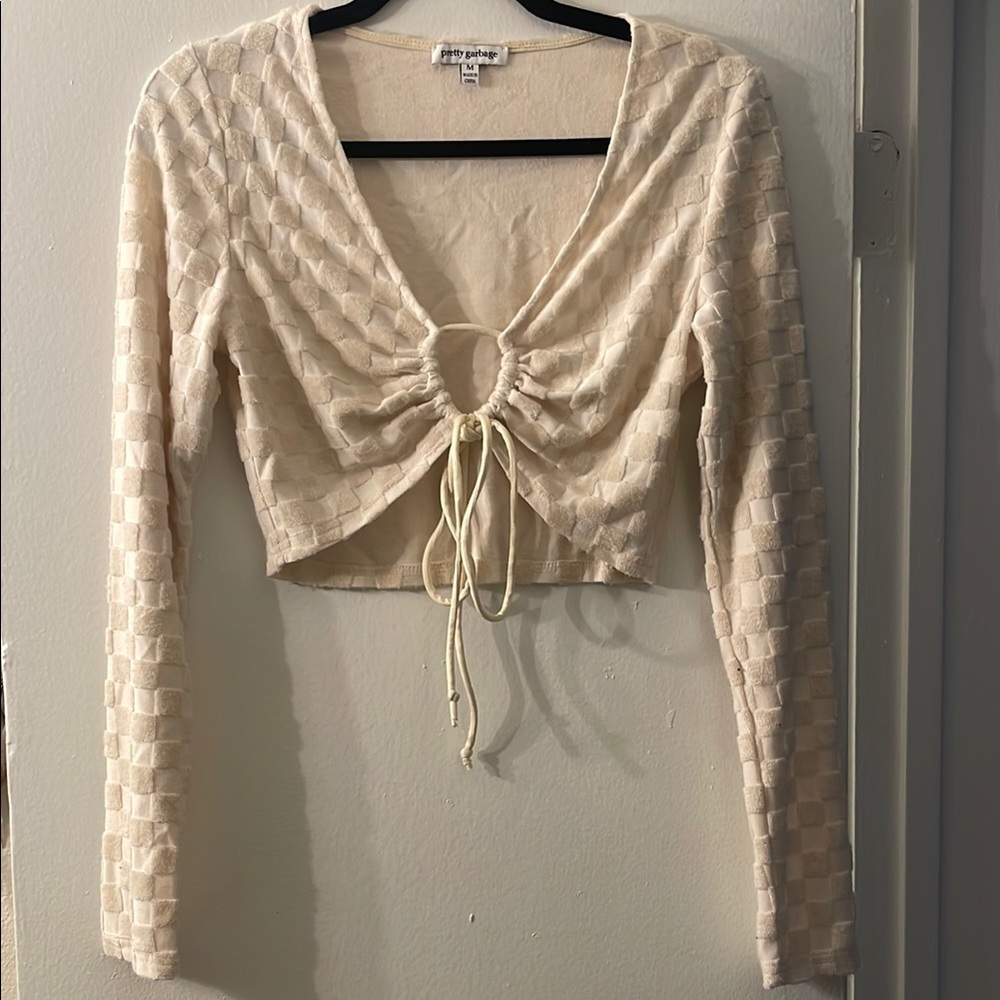 Groovy Cream Textured Blouse with Tie Detail